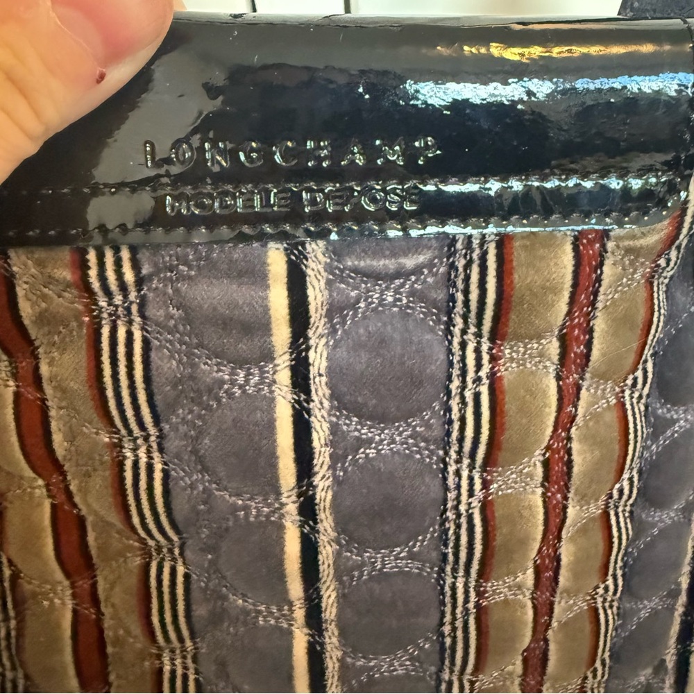 Longchamp Quilted Stripe Tote in Brown and Black Patent Trim - Picture 4 of 7
